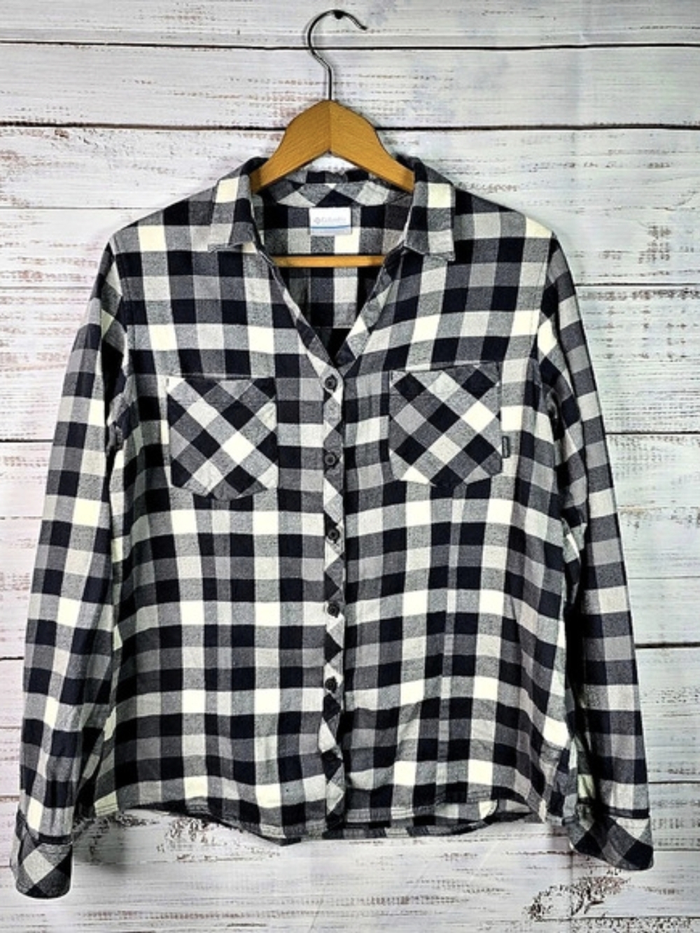 Columbia Women’s Black White Buffalo Plaid Flannel Shirt Large
